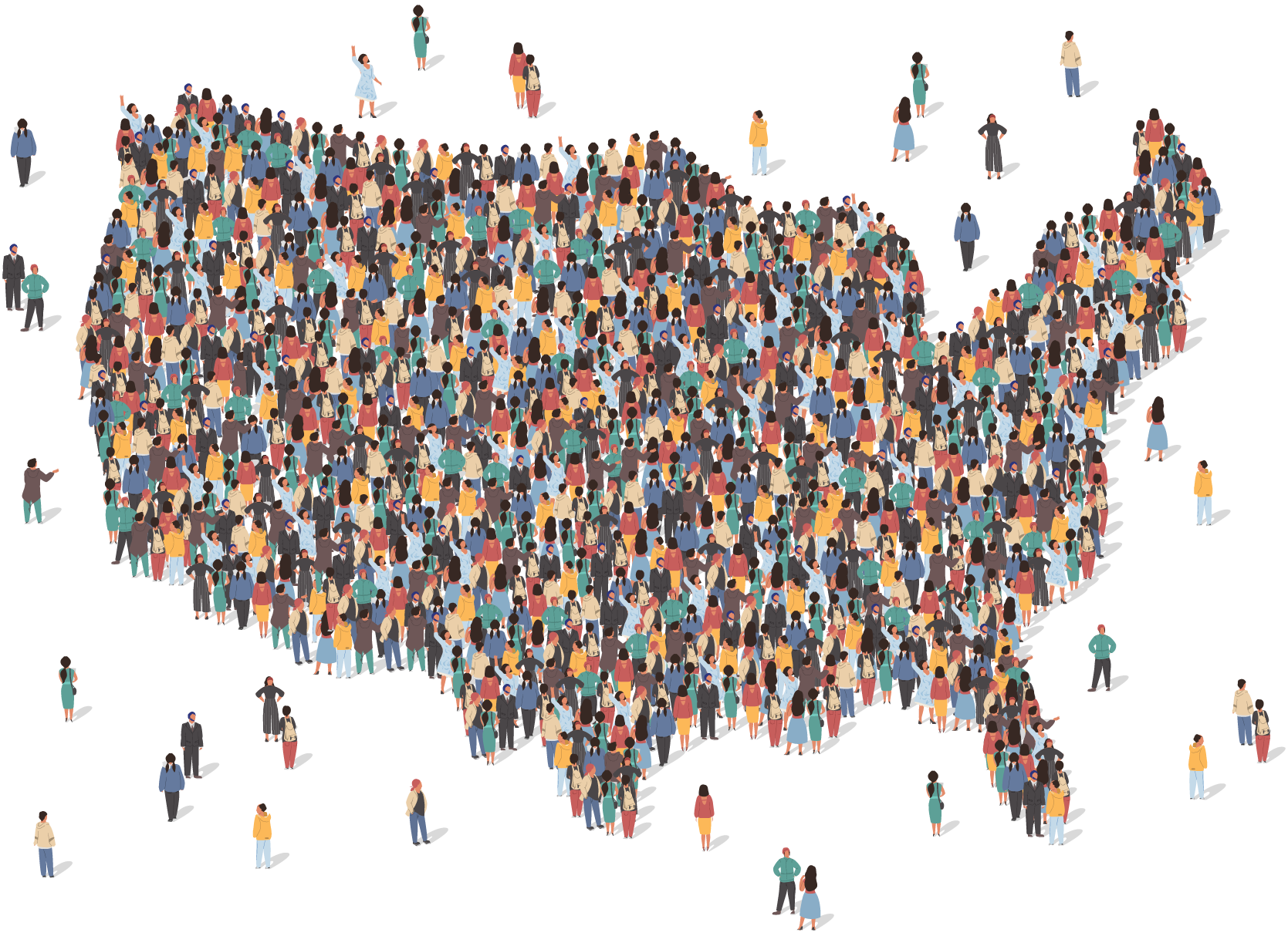 Diverse community of people forming the shape of the United States